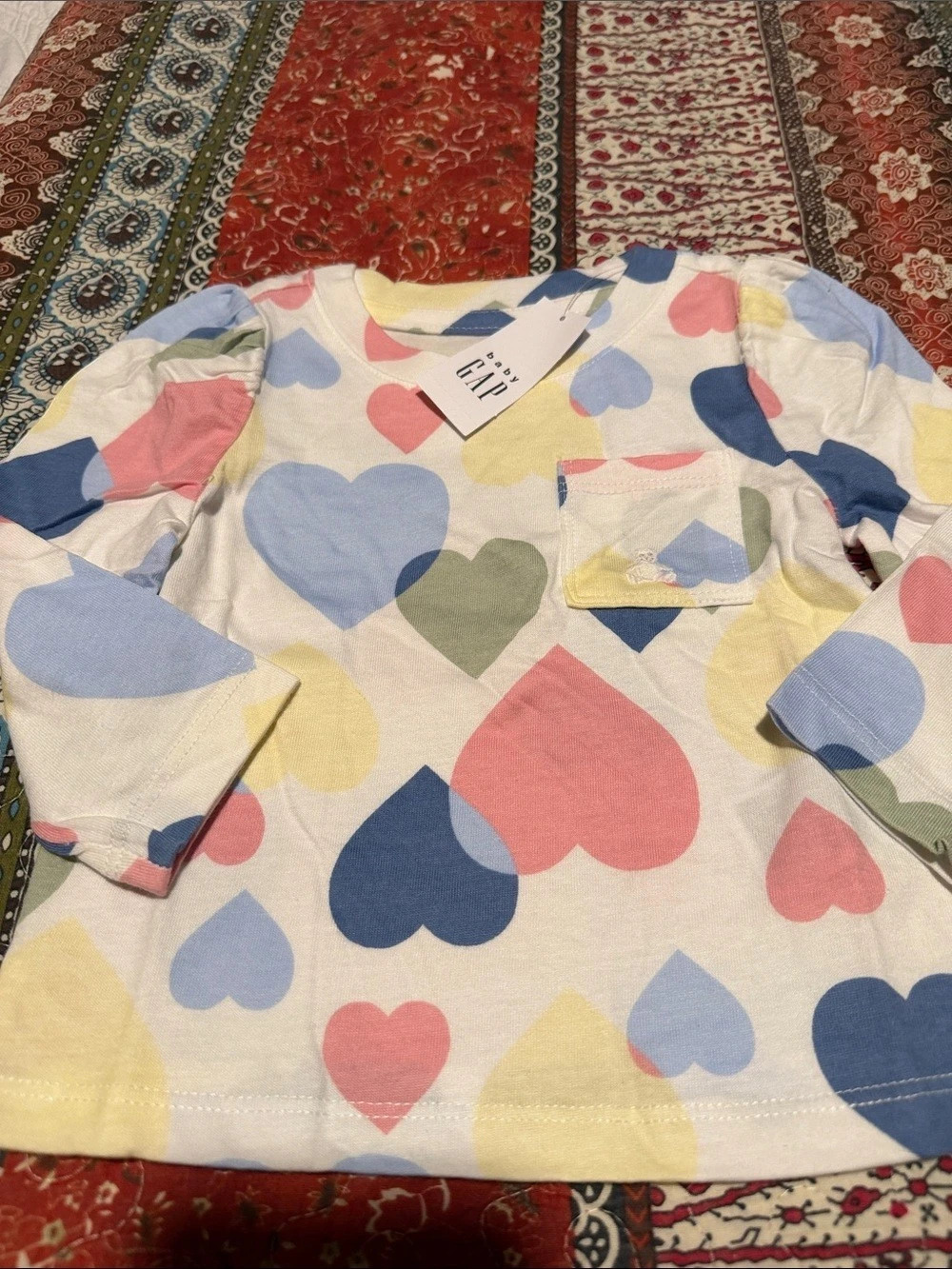 Baby GAP Multi-Color Heart Print Long Sleeve Pocketed Tee with Gathered Shoulder